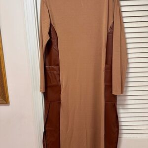 Chic Tan and Brown Women's Dress w faux leather side panels size large